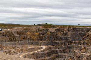 Expansive open-pit mine with winding roads under a cloudy sky. photo