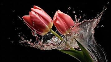 ai generado un rosado tulipán es salpicaduras agua en el aire foto