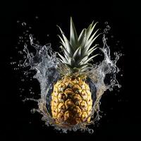 AI generated a pineapple is splashing water on a black background photo