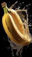 ai generado bananas son siendo salpicado con agua en un negro antecedentes foto