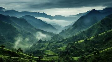 ai generado el montañas son cubierto en verde vegetación y niebla foto