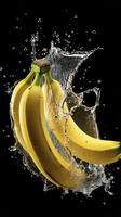 AI generated bananas are being splashed with water on a black background photo
