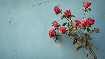 ai generado rojo rosas en contra un azul pared foto