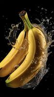 ai generado bananas son siendo salpicado con agua en un negro antecedentes foto