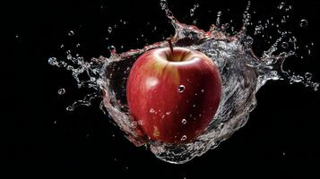 ai generado un manzana es salpicaduras en agua foto