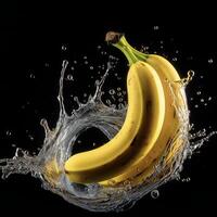 AI generated bananas are being splashed with water on a black background photo