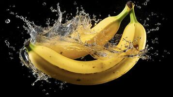 AI generated bananas are being splashed with water on a black background photo