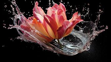 AI generated a pink tulip is splashing water in the air photo