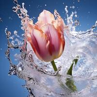 ai generado un rosado tulipán es salpicaduras agua en el aire foto