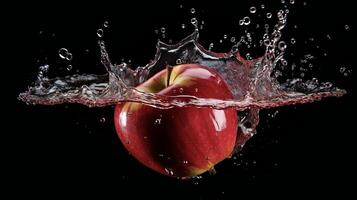 ai generado un manzana es salpicaduras en agua foto