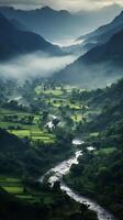 ai generado el montañas son cubierto en verde vegetación y niebla foto