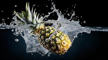 AI generated a pineapple is splashing water on a black background photo