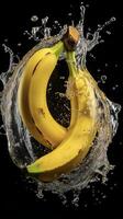 ai generado bananas son siendo salpicado con agua en un negro antecedentes foto