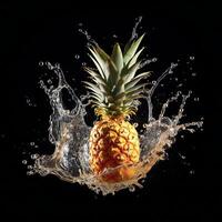 AI generated a pineapple is splashing water on a black background photo