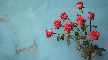 AI generated red roses against a blue wall photo