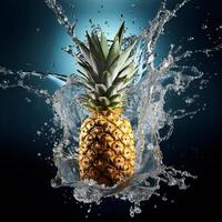 AI generated a pineapple is splashing water on a black background photo