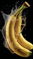 ai generado bananas son siendo salpicado con agua en un negro antecedentes foto