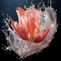 ai generado un rosado tulipán es salpicaduras agua en el aire foto