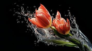 AI generated a pink tulip is splashing water in the air photo