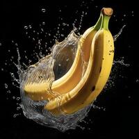 AI generated bananas are being splashed with water on a black background photo