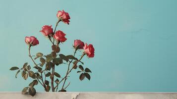 ai generado rojo rosas en contra un azul pared foto