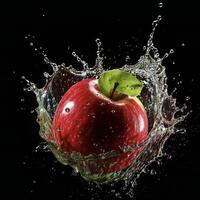 ai generado un manzana es siendo salpicado con agua foto