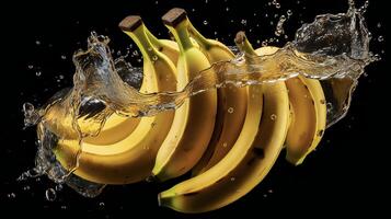 AI generated bananas are being splashed with water on a black background photo