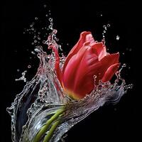 ai generado un rosado tulipán es salpicaduras agua en el aire foto