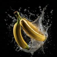 ai generado bananas son siendo salpicado con agua en un negro antecedentes foto