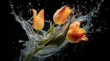 AI generated a pink tulip is splashing water in the air photo