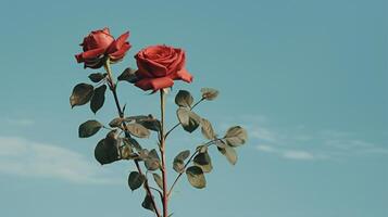 ai generado rojo rosas en contra un azul pared foto