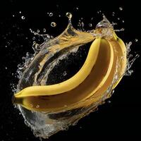 ai generado bananas son siendo salpicado con agua en un negro antecedentes foto