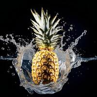 AI generated a pineapple is splashing water on a black background photo