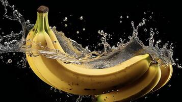 ai generado bananas son siendo salpicado con agua en un negro antecedentes foto