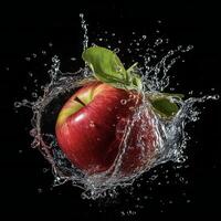 ai generado un manzana es siendo salpicado con agua foto