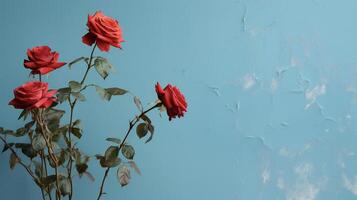 ai generado rojo rosas en contra un azul pared foto