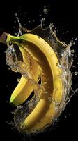 ai generado bananas son siendo salpicado con agua en un negro antecedentes foto