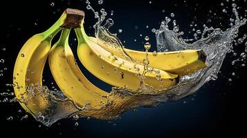 AI generated bananas are being splashed with water on a black background photo