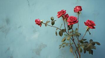 ai generado rojo rosas en contra un azul pared foto