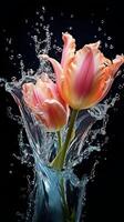 AI generated a pink tulip is splashing water in the air photo