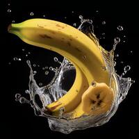 ai generado bananas son siendo salpicado con agua en un negro antecedentes foto