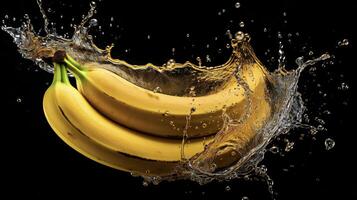 ai generado bananas son siendo salpicado con agua en un negro antecedentes foto