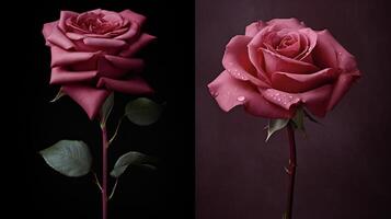 ai generado dos diferente imágenes de rosas en un negro antecedentes foto