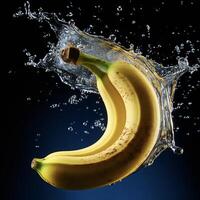 ai generado bananas son siendo salpicado con agua en un negro antecedentes foto