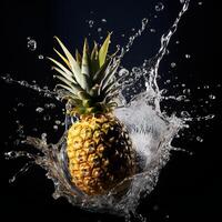 AI generated a pineapple is splashing water on a black background photo