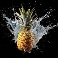 AI generated a pineapple is splashing water on a black background photo