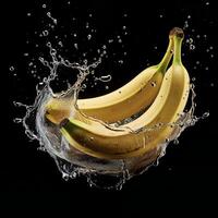 ai generado bananas son siendo salpicado con agua en un negro antecedentes foto