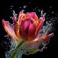 ai generado un rosado tulipán es salpicaduras agua en el aire foto