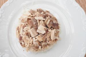 Boiled chicken, steamed rice, pink plate. photo