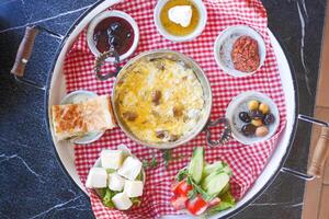 top view of turkish breakfast on table photo